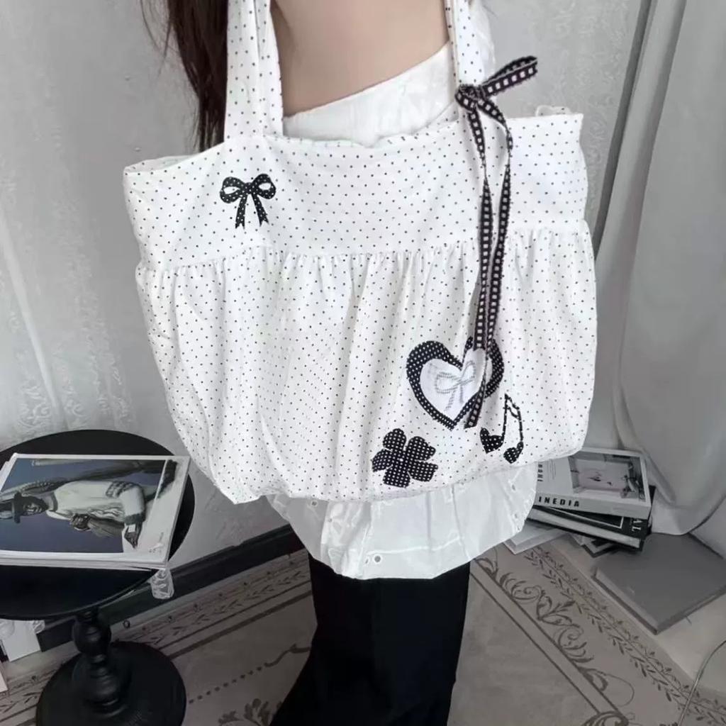 Korean Polka Dot Shoulder Bags Women's Nyl Tote Cute Bow Love Note Printed Tote Bag Skirt Design Magnetic Buckle Armpit Bag