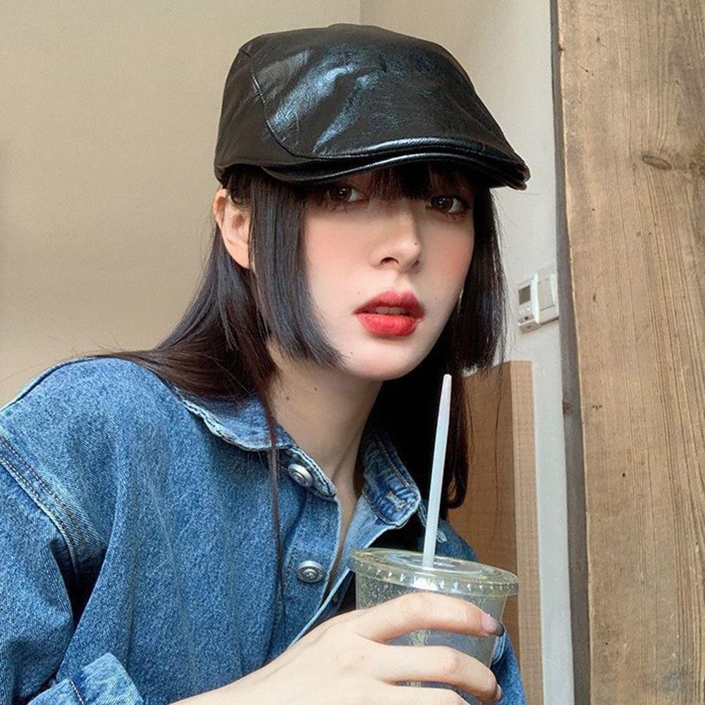 Casual PU Leather Beret Hat Adjustable Strap Hip Hop Panama Hat Vintage Newsboy Cap For Men Women
