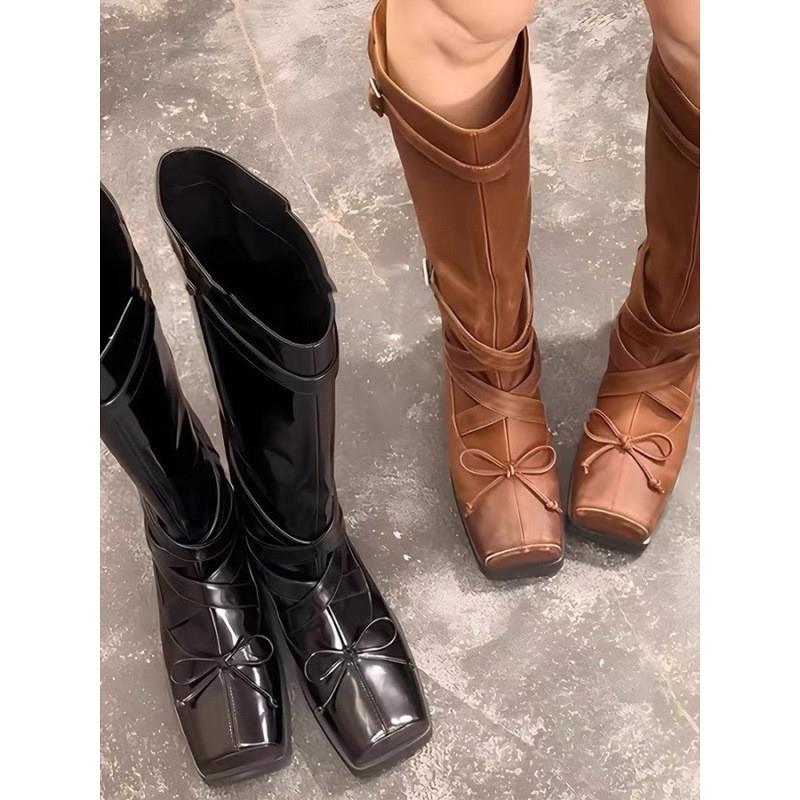 Sheepskin Version~ New Korean Version Versatile Thick Heel Thin Boots Women's Head Bow High Boots Belt Buckle Knight Boots