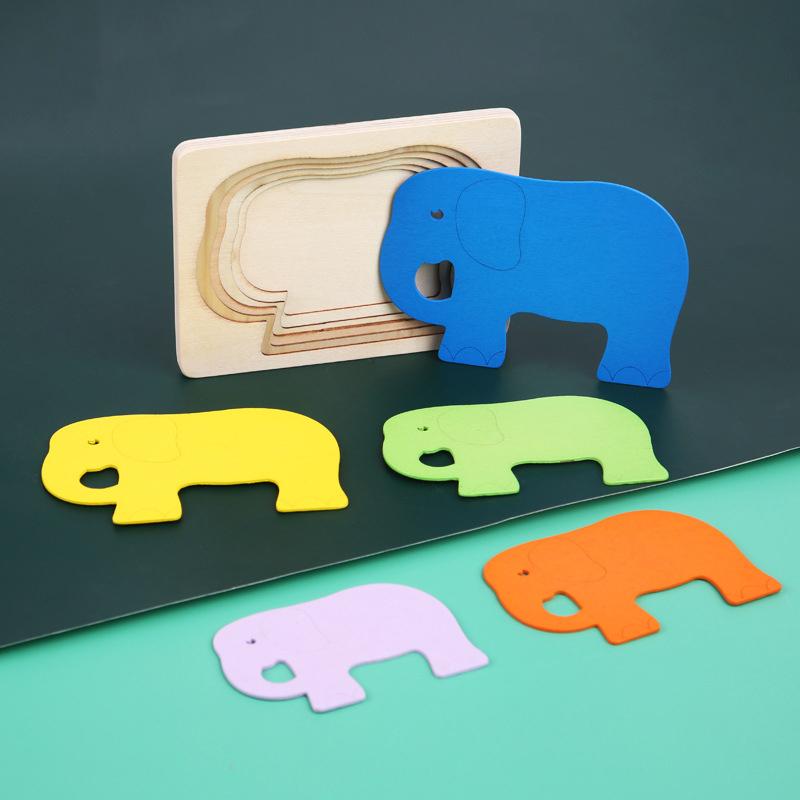 Montessori Panel Animal Puzzle Toy Wooden 3D Multilayer Gradient Color Elephant Duck Puzzle Early Learning Color Cognitive Panel
