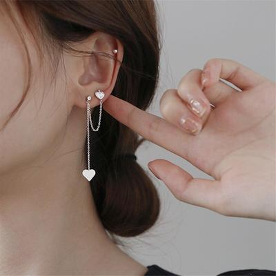 925 Sterling Sølv Asymmetri Dusk Lang Kjede Zirkon Hjerte Drop Øredobb for Kvinner Jenter Bryllupsfest Elegant Smykke