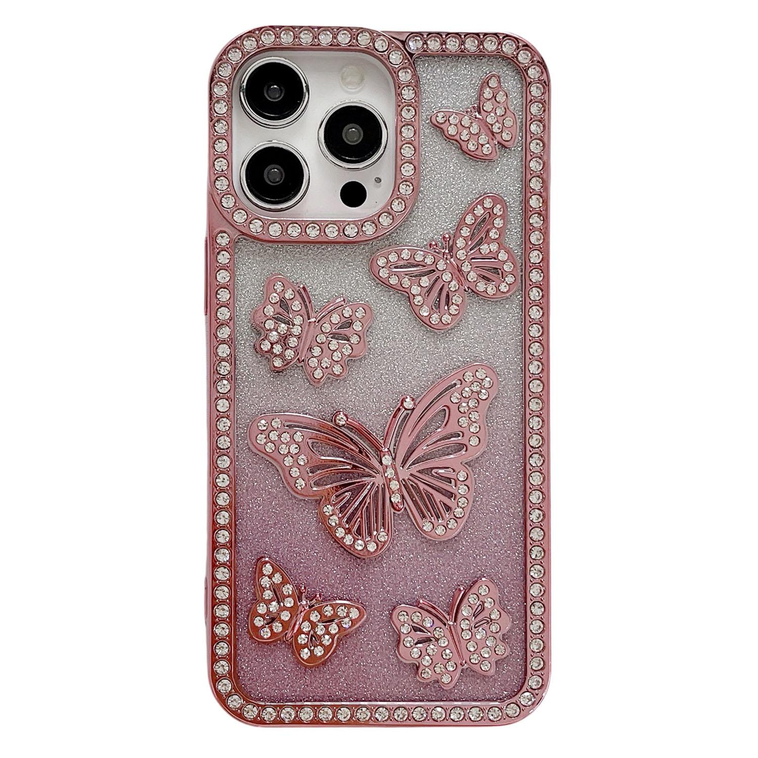 

For iPhone 16 Pro Max Case Rhinestone Butterfly Decor TPU Phone Back Cover Pink