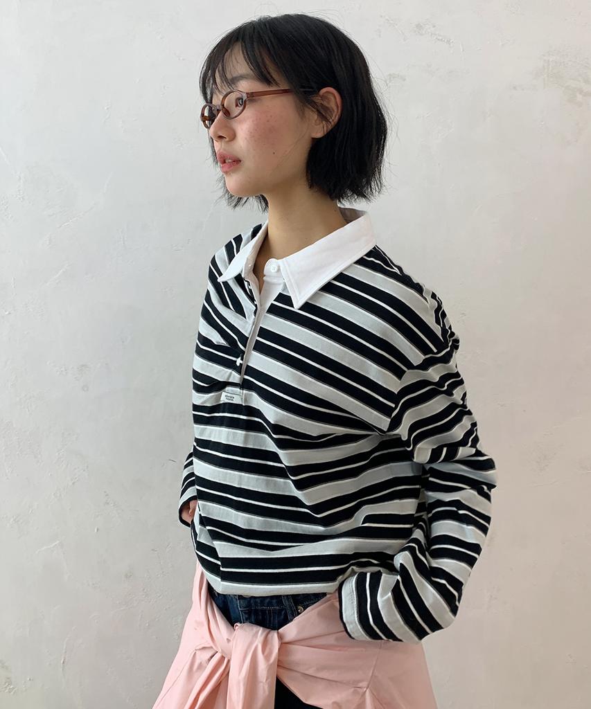 RONRON Double Shirring Stripe Collar Long Sleeve Black