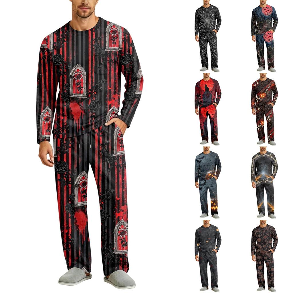 Men's Halloween Pajama Set Long Sleeve Long Pants with Crotch Buttons and Elastic Drawstring Waist