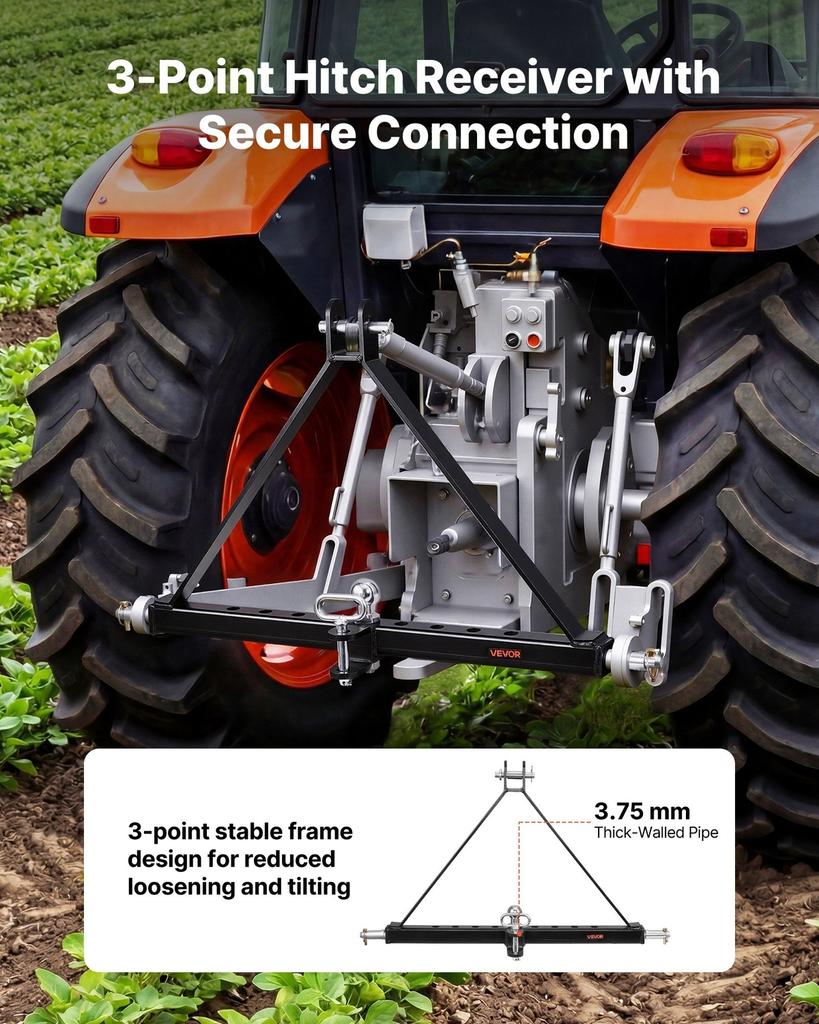 3 Point Trailer Hitch with Trailer Ball, 3 Pt Quick Hitch Attachment, Tractor Tow Drawbar Adapter, Compatible with Category 2 Tractor, Kubota,