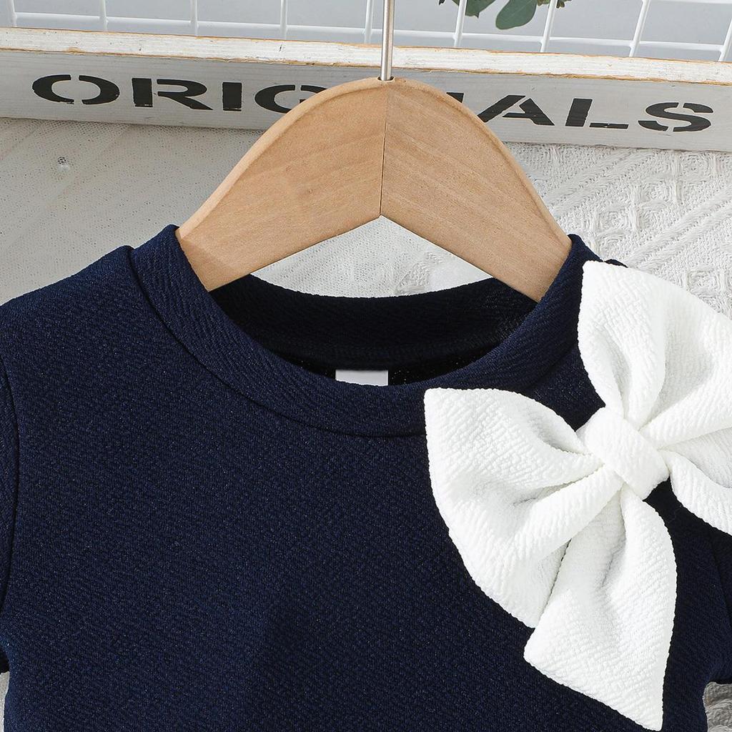 Infant Toddler Short Sleeve Dress with Big Bow, Solid Knit Swing Dress for Daily Wea