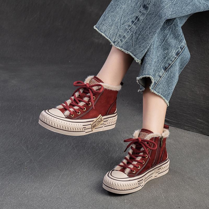 Fashion GKTINOO 4.5cm Suede Genuine Leather Ankle Booties Autumn Boot Flat Thick Sole Motorcycle Winter Plush Women Platform Wedge Shoes
