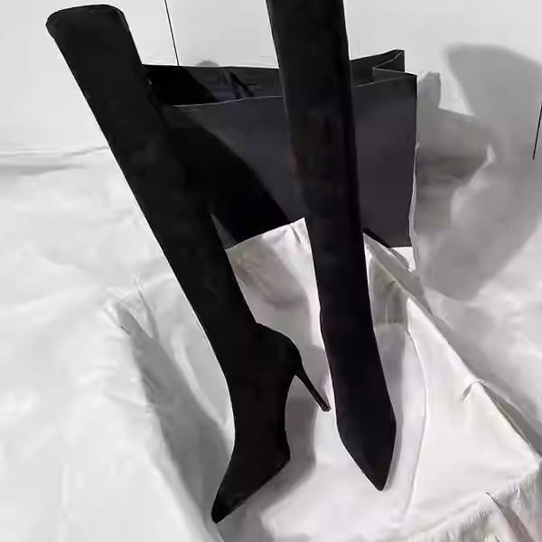 Black high-heeled knee boots women's new autumn and winter elastic suede pointed high boots