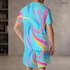 Men Plus Size Round Neck Short Sleeve Cyan Colorful Striped Printed T Shirt And Pocket Shorts Two Piece Set