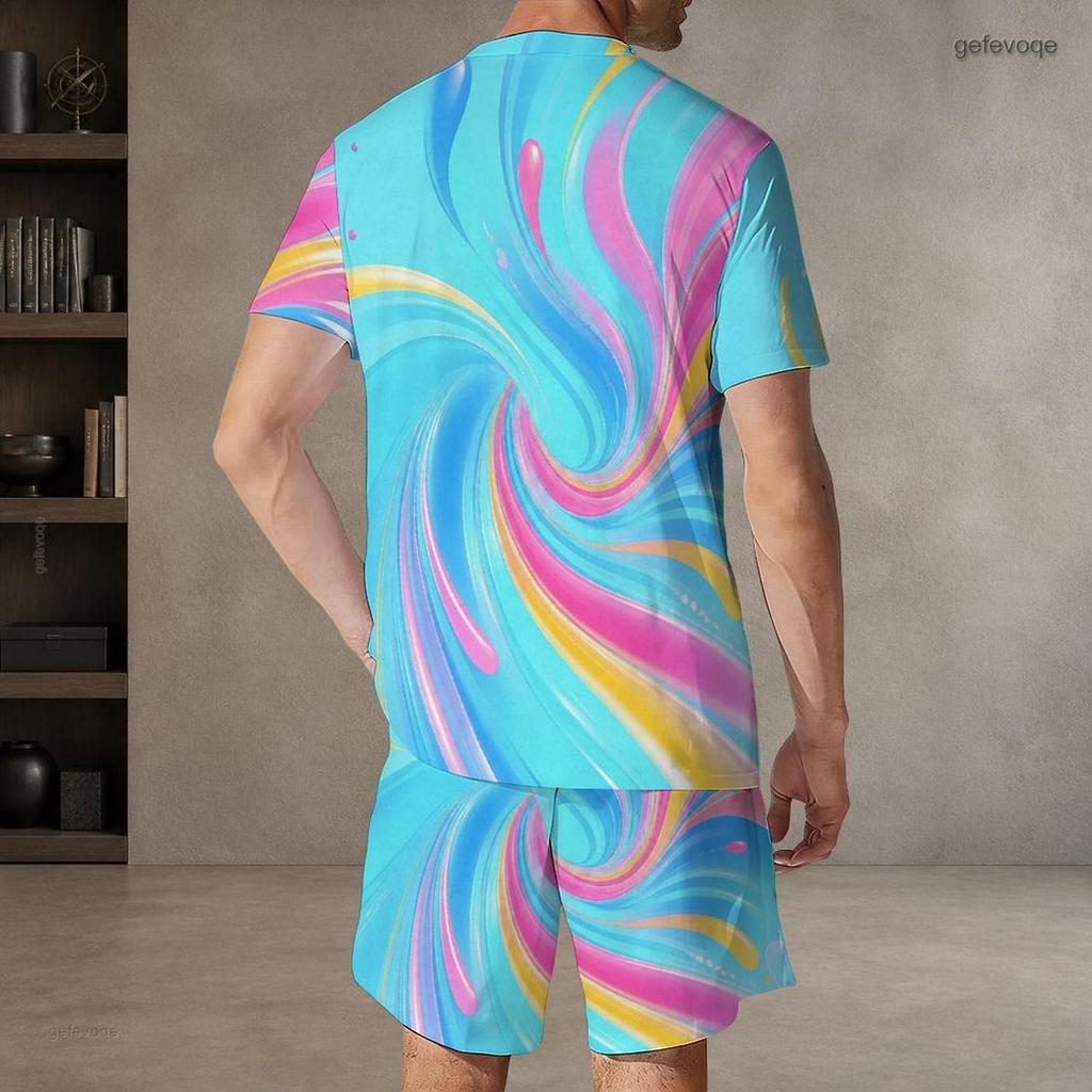 Men Plus Size Round Neck Short Sleeve Cyan Colorful Striped Printed T Shirt And Pocket Shorts Two Piece Set