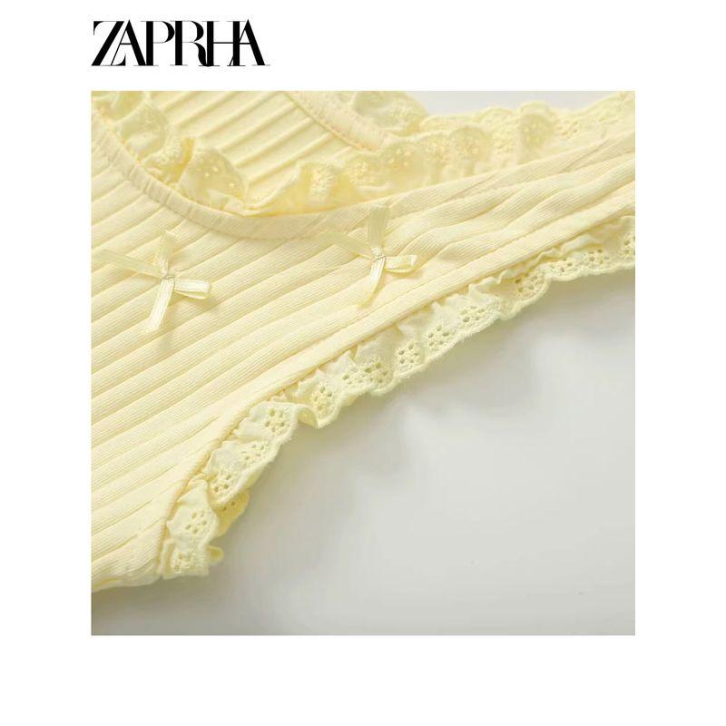Zaprha 2025 New Arrival Sexy Silm Sleeveless Cotton Lace Bowknot Decoration Rib T-shirt Female 0858317