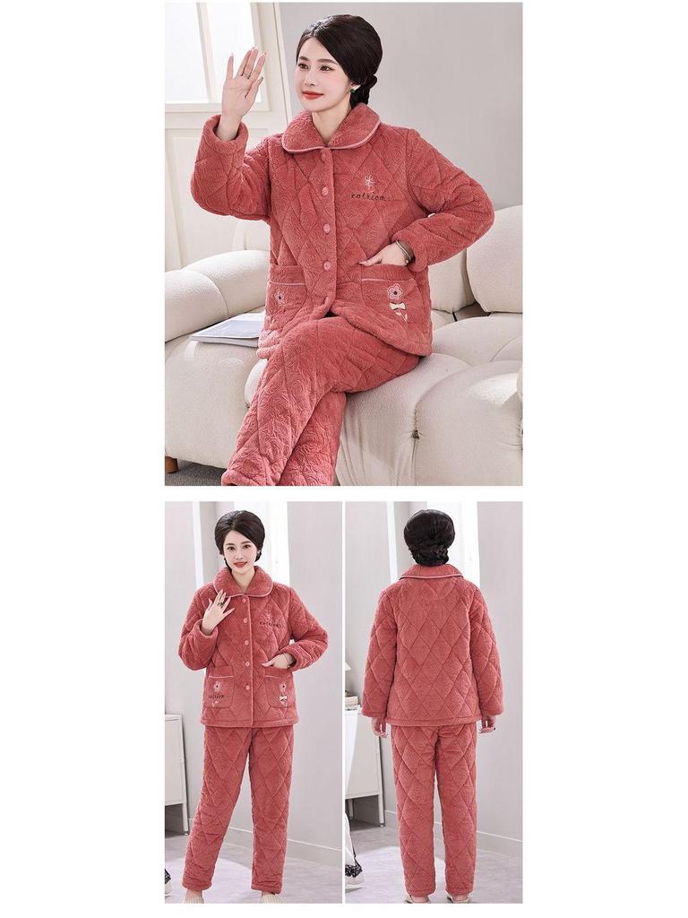 Damen Winter Korallfleece Gesteppter Pyjama - Dickes Flanell Warmes Hausanzug-Set für Mittelalte und Ältere Mütter