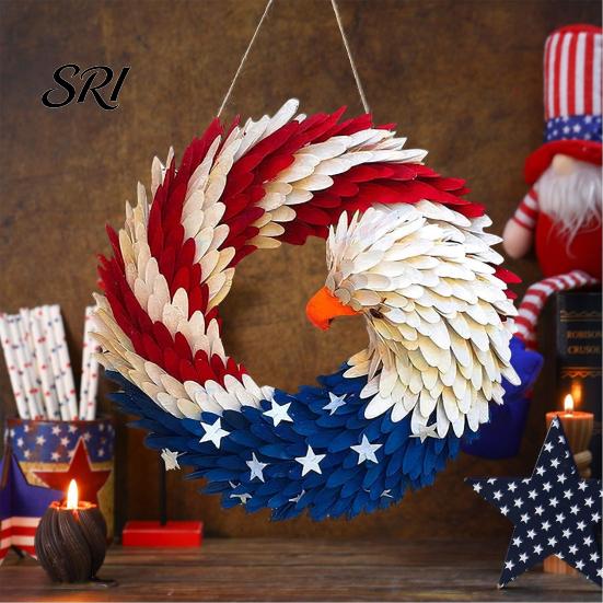 4th Of July Wreath Patriotic for Front Door Handmade of Hanger Red Reusable Holiday White Blue American Wooden Hanging Plaque Wall Porch Memorial Day