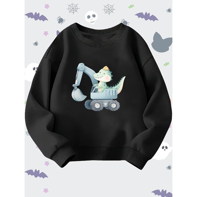 Unisex Long Sleeve Crewneck Pullover Sweatshirt Featuring Cartoon Dinosaur Operating an Excavator Machine. Ideal for Daily Casual Outfits, Home
