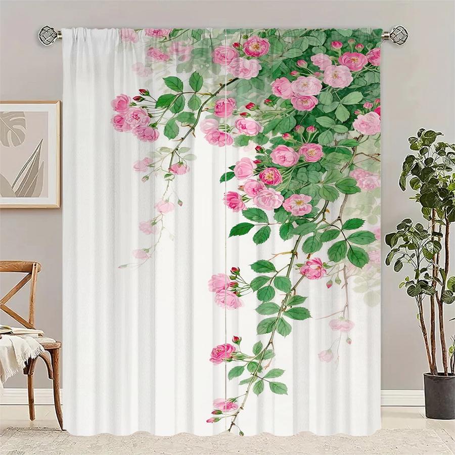Pink Rose Printed Curtains Pole Bag Christmas Decorations Home Room Set Of 2 Made Polyester