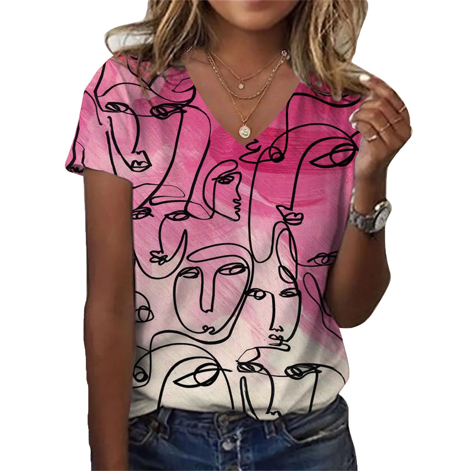 

Летний топ с V-образным вырезом и 3D-абстрактным рисунком, модные повседневные женские футболки с короткими рукавами XS