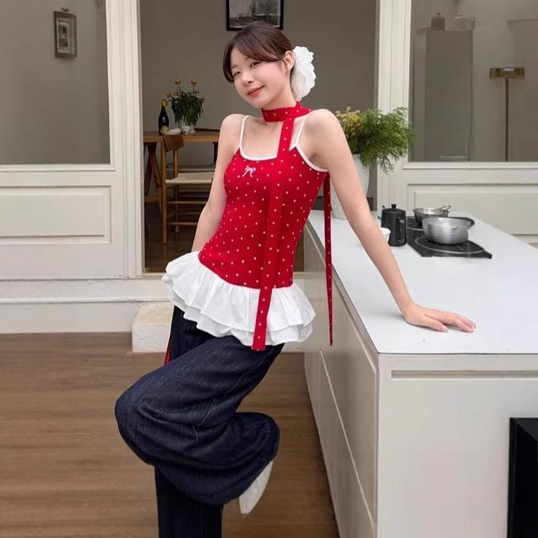 

2025 Summer Women s Polka Dot Ruffle Cami with Bow - Trendy and Slimming S