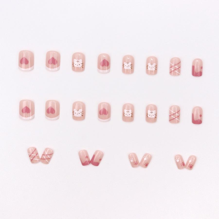 Clear Pink Cat Plaid Wearable Nail Stickers - French Strawberry Milk Theme, 24 Pieces