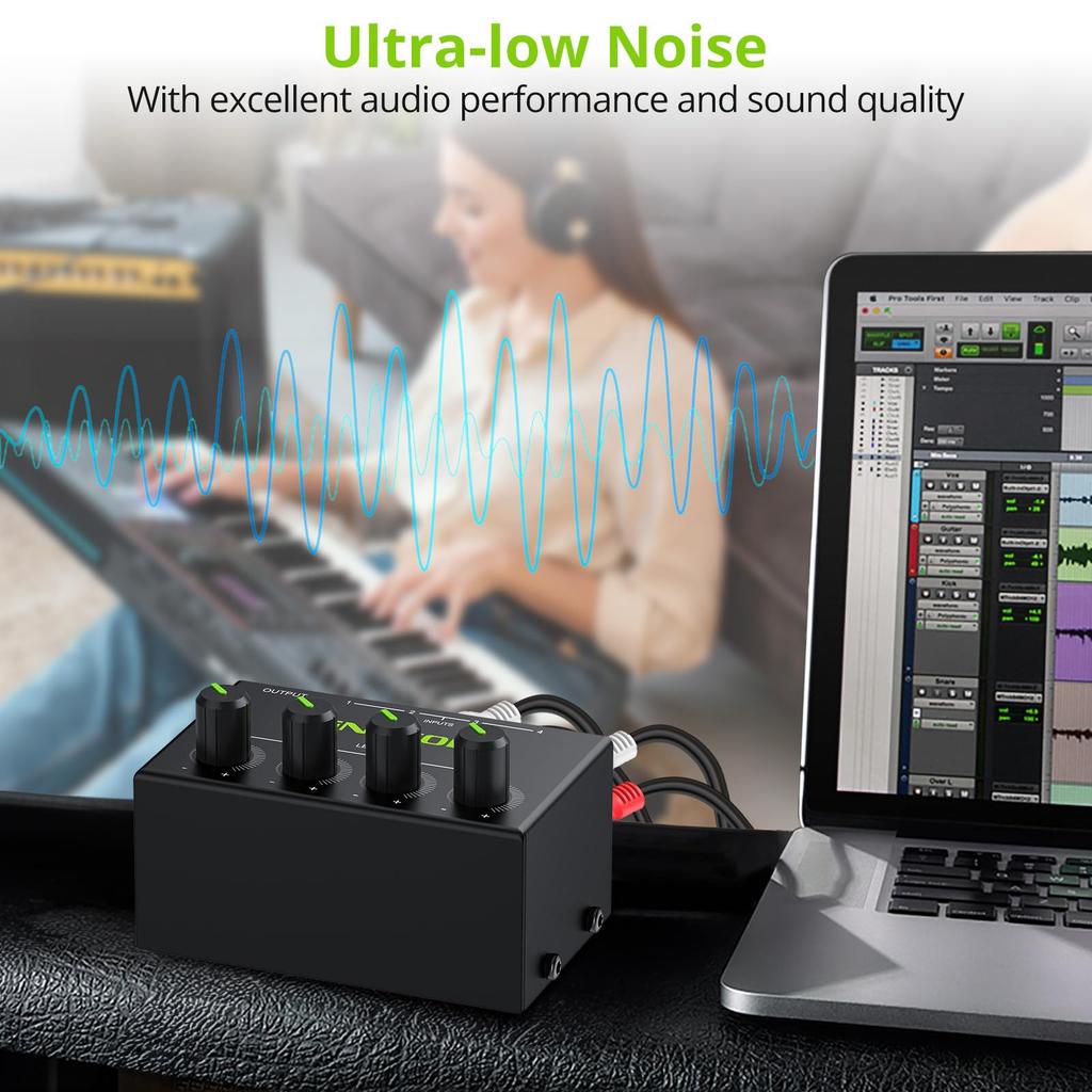 LiNKFOR Stereo Mini Mixer, RCA, 4-Channel Passive Mixer with Adjustable Volume, Metal Shell, Compatible with CD Players, Tape Players, Computers,