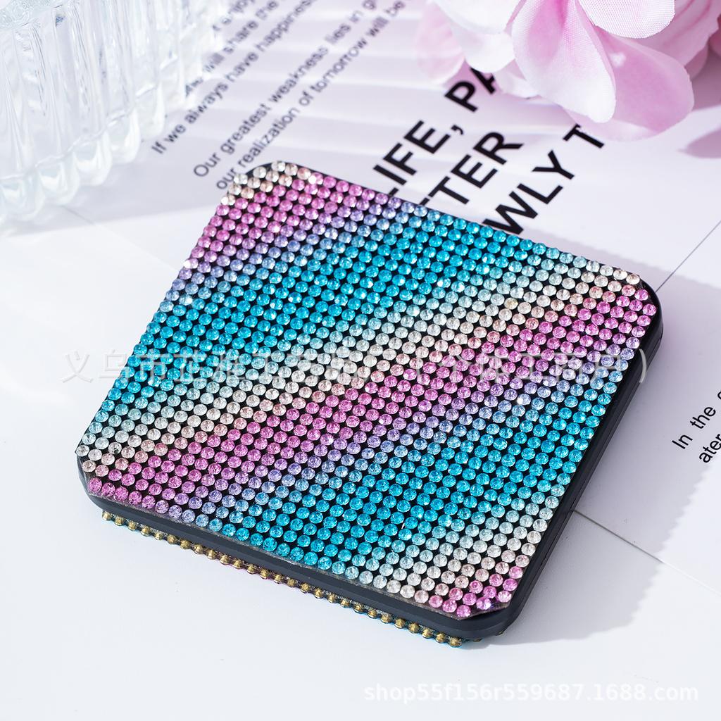 Modischer Tragbarer Kosmetikspiegel mit Strasssteinen, Kosmetikspiegel, Geschenk + Körper Flip Quadratischer Spiegel Handheld Doppelseitig Faltbar