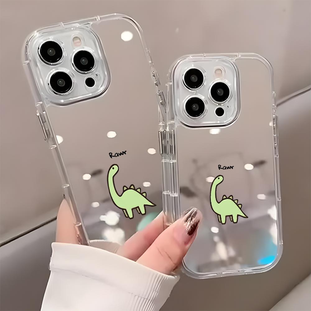 Cute Green Dinosaur Pattern Back Mirror Phone Case For iPhone 17 16 15 Pro 14 13 12 11 Pro Max 7 8 Plus Air X XR XS Soft Cover