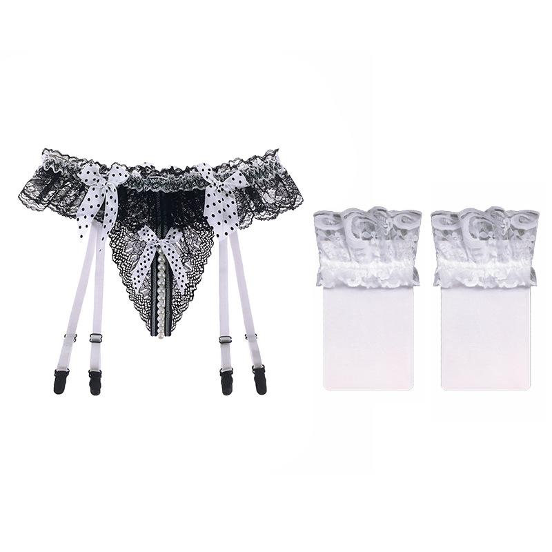 Sexy Perspective Lace Garter Belt Women's Ultra-thin Stockings Set, Fun Open Crotch Pearl Massage Garter Socks with T-pants