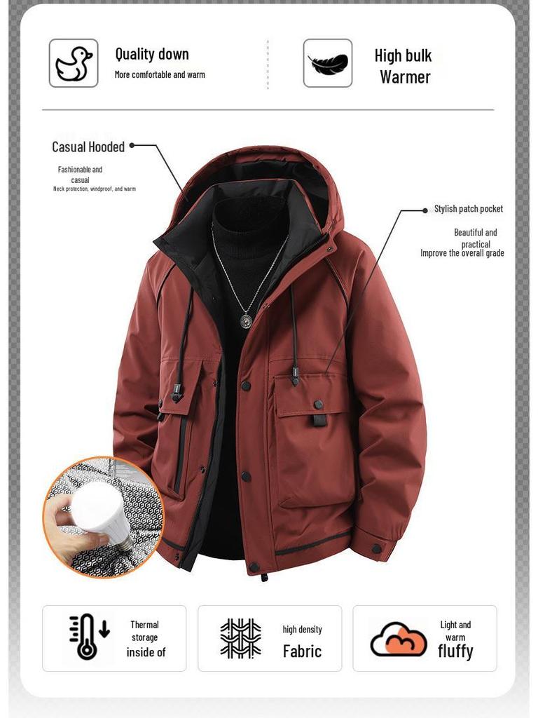 Men's Trendy Windproof Hooded Winter Jacket, Thickened Warm Graphene with White Duck Down.