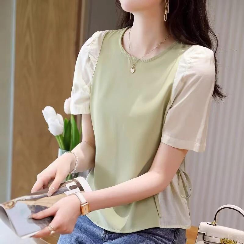 Women's Color Block Puff Sleeve Blouse, Crew Neck Casual T-Shirt With Waist Drawstring