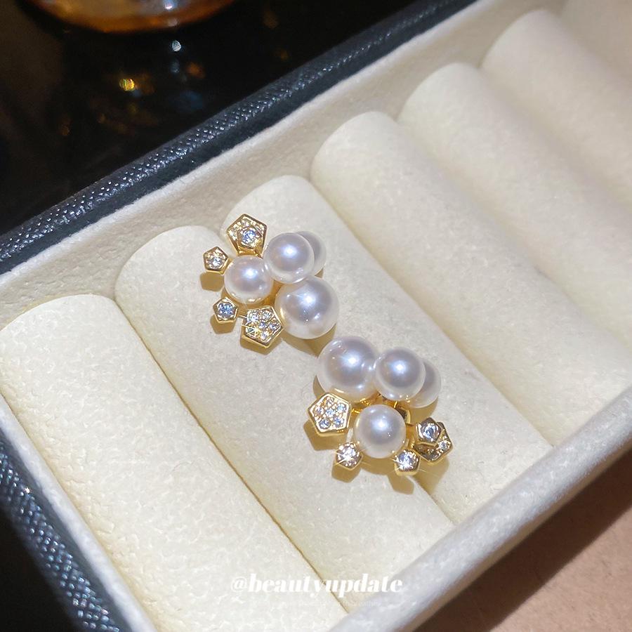 14k Gold Plated Silver Needle Zircon & Imitation Pearl Flower Stud Earrings - French Retro High-End Earrings for Women