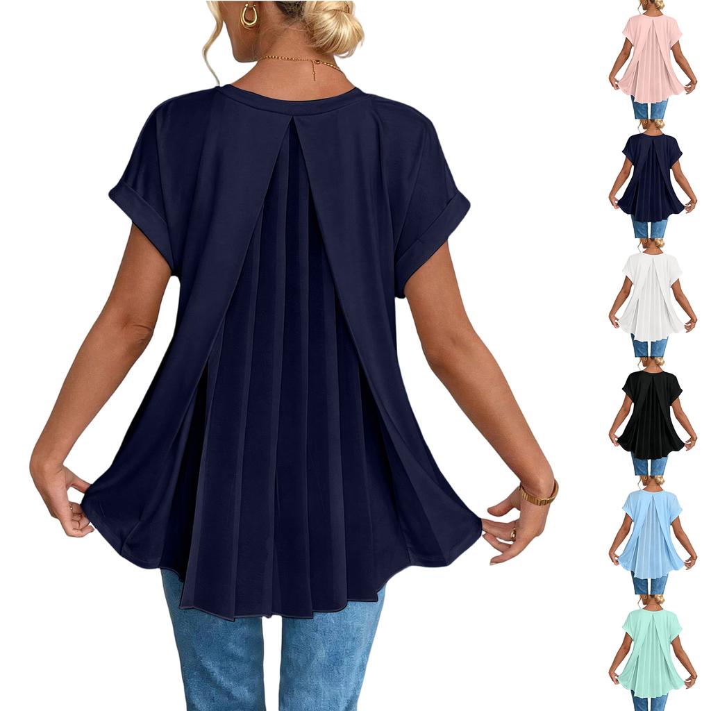 Women's Summer Short Sleeve Top V Neck Back Pleated Detail Lightweight Blouse Casual Loose Fit Shirt for Daily Wear