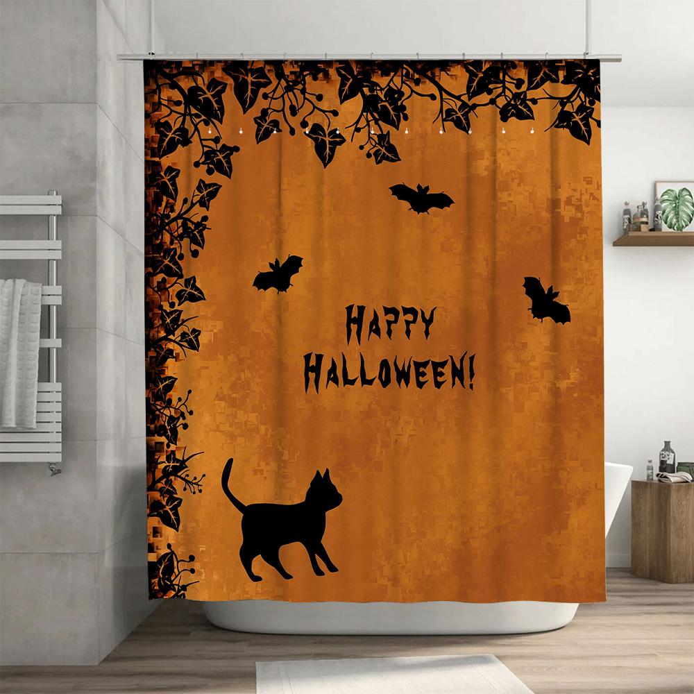 Halloween Decor Shower Curtain With Black Cats Bats Printing Orange Fabric Shower Curtains For Home Decoration