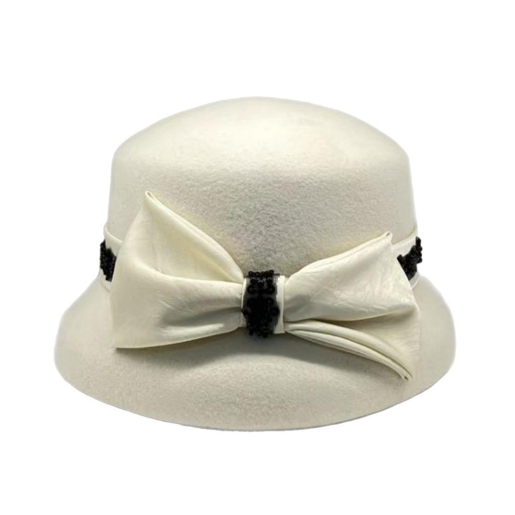 Light luxury hat women's autumn and winter wool basin hat British retro top hat women's elegant bow bucket hat