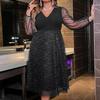 Frühlings- und Sommer-Damenkleid, Mesh-Spleißen, V-Ausschnitt, langärmelige Kleider in Übergröße