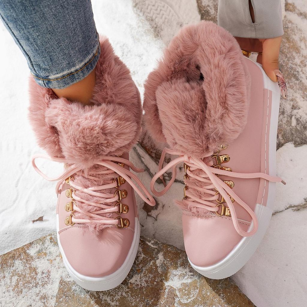 European, American autumn and winter new large size fluffy snow boots front lace-up thick-soled round head cotton