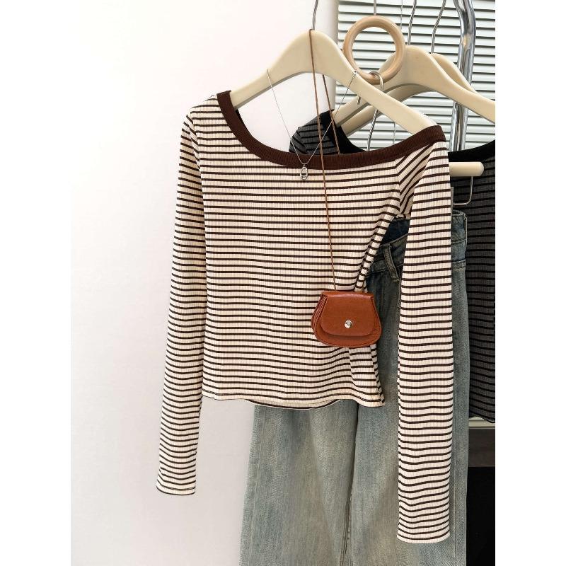Early autumn real shot diagonal shoulder striped bottoming shirt women's season Spice Girls short slim-fitting long-sleeved T-shirt off-shoulder top