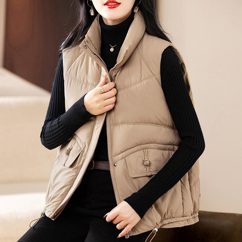 New stand-up collar women's style down cotton vest short vest solid color temperament large pocket vest