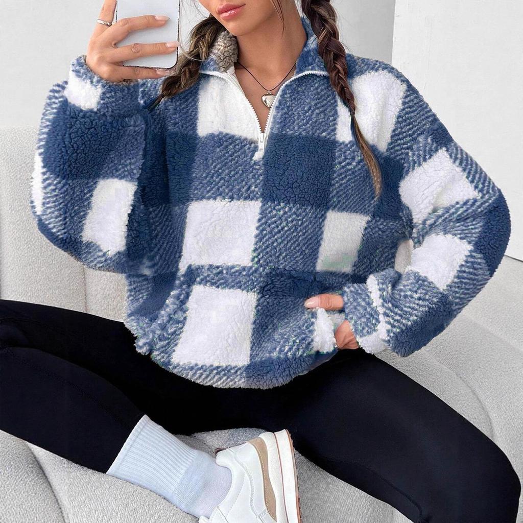 2025 Cross-Border Plaid Plush Long-Sleeve Women's Casual Sweatshirt with Pockets