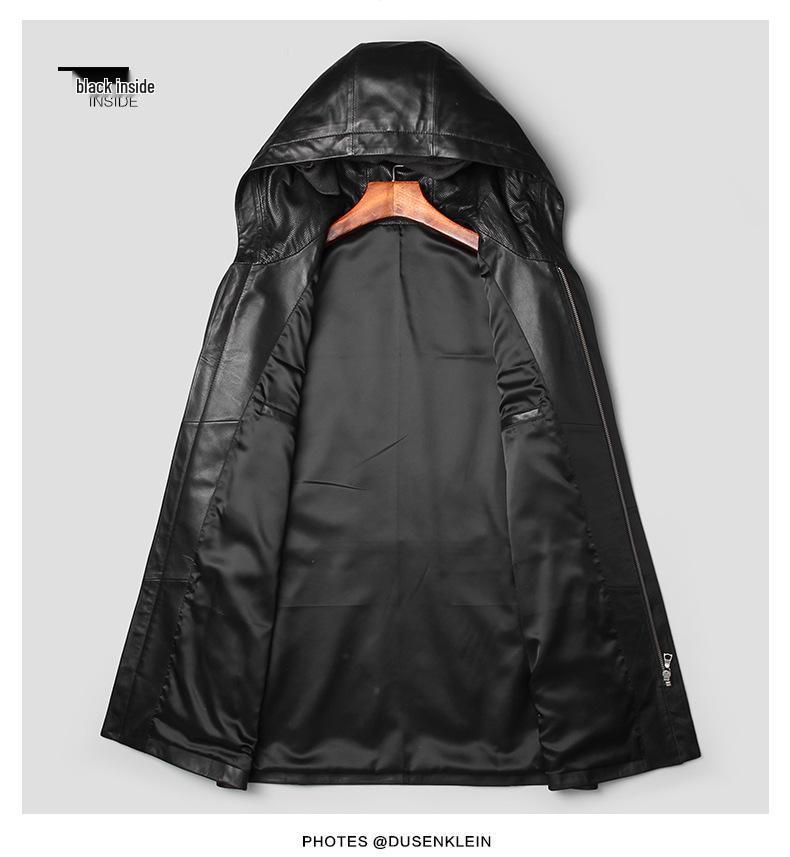 Men's Genuine Lambskin Hooded Leather Jacket, Slim Fit, Mid-Length Outerwear