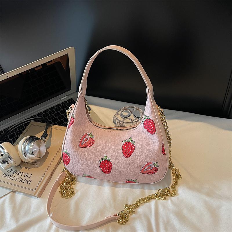 Fashion Shoulder Bag Strawberry Cherry Print Solid Color Large Capacity Zipper Adjustable Chain Strap Daily Commute Shopping