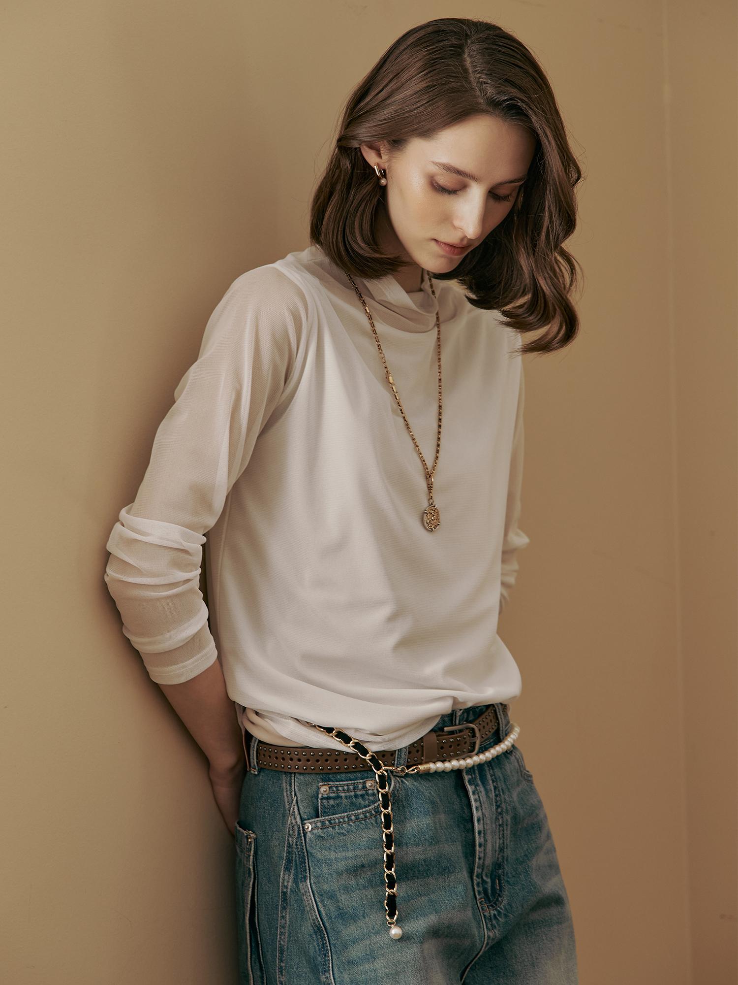 Maja Mock Neck See-Through Layered Long Sleeve T-Shirt (White/Beige) White/Free
