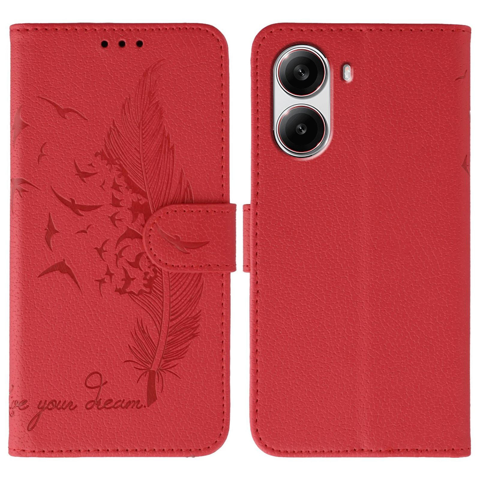

For Xiaomi Poco X7 Pro 5G Case Feather Imprint PU Leather Wallet Phone Cover Red
