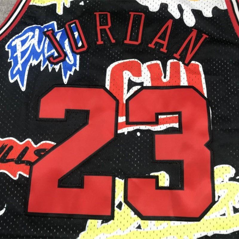 Chicago Bulls 23 Graffiti Embroidery Retro Mesh Basketball Jersey Black Unisex Adult Sportswear