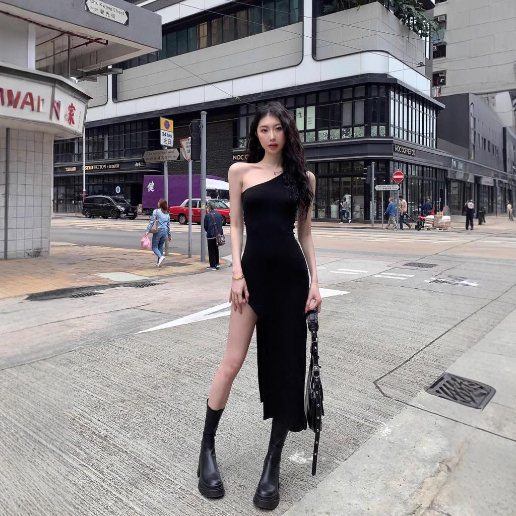 Spice girl pure desire wind slant shoulder hip vest skirt women's summer design sense niche elastic sexy thin dress tide