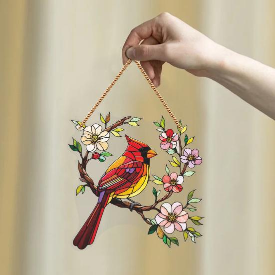 Durable Wall Hanging 1/2Pcs Acrylic Red Bird Decoration, Standing on Flower Ornament Branch Ornament, Indoor Outdoor Window
