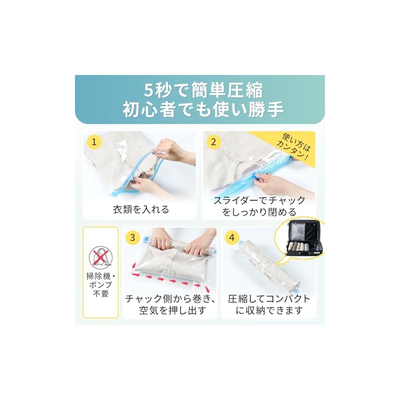 Kumori Compression Bags: Simply roll up your clothes to vacuum compress them. Perfect for travel, business trips, and seasonal clothing changes.