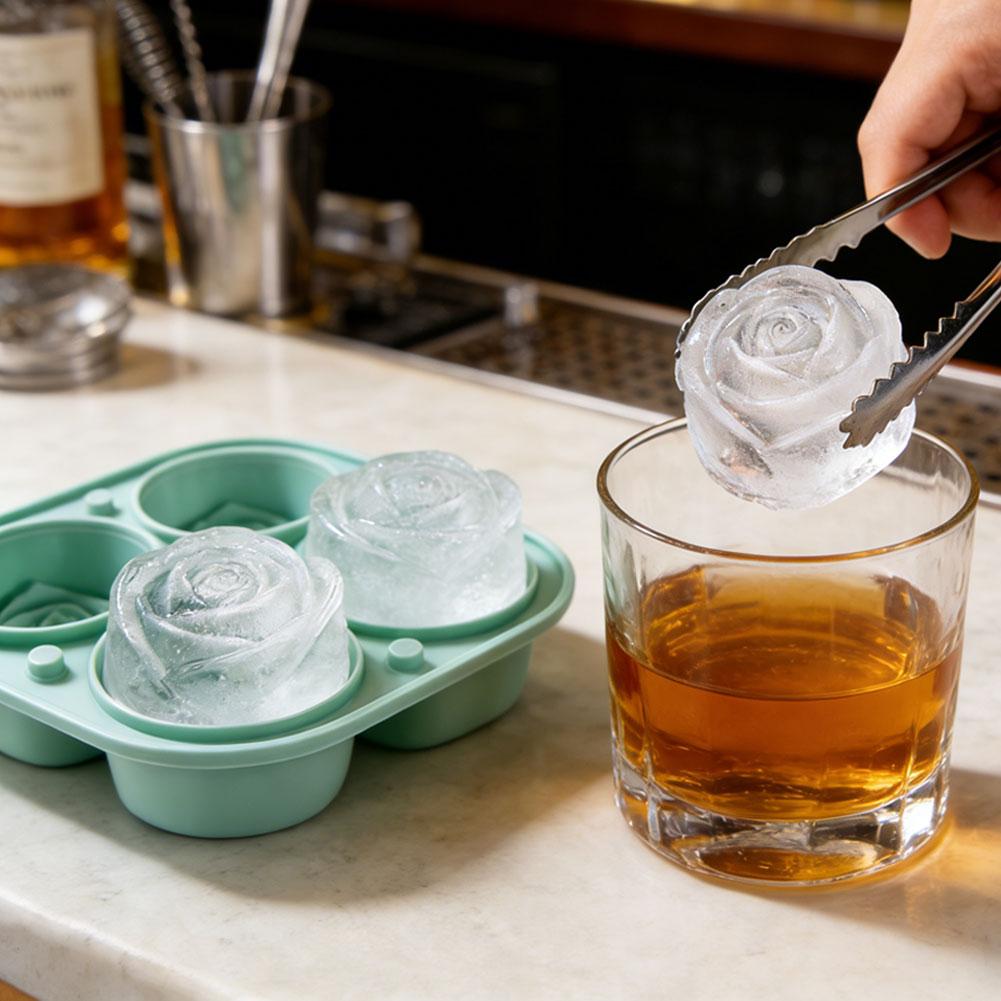4-Grid Silicone Rose Ice Cube Mold Easy Release Food-Grade Ice Tray for Cocktail Whiskey Juice Ice Ball Maker for Home Party DIY