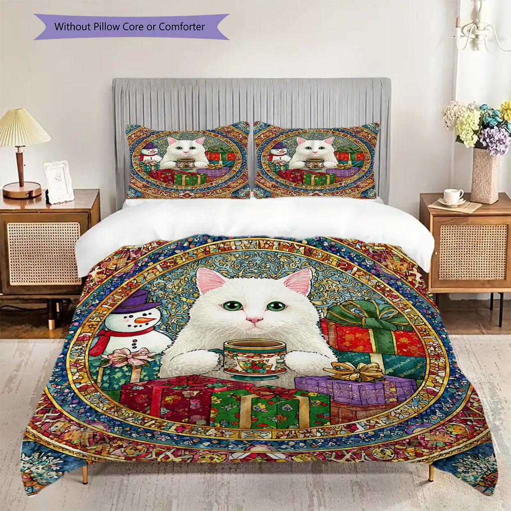 Weißes Katzenmuster Bettwäsche Steppdecke Set Deckenbezug Kissenbezug Heimdekoration Geburtstagsgeschenk (1 Bettbezug + 2 Kissenbezüge, ohne Füllung)