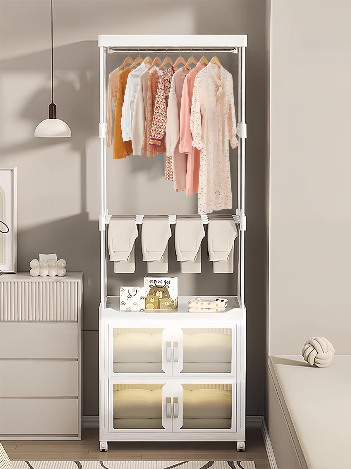 

FNRPQB Вешалка для одежды со шкафом с многофункциональной складной мобильной роликовой стойкой для костюмов, для хранения одежды, складная гардеробная, отдельно стоящая вешалка для пальто белый