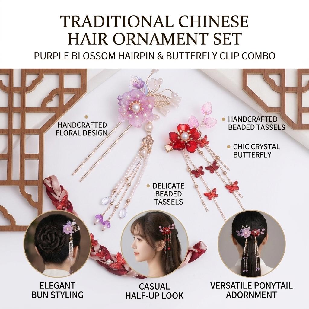 Flower Hairpin With Butterfly Crystal Hair Clip Set Traditional Chinese Style Elegant Ornament For Hanfu Wedding And Festival