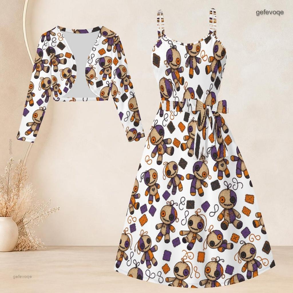 Women Plus Size Two Piece Set Long Sleeve Cropped Shrug Strappy Tie Waist Scarecrow Print White Long Dress